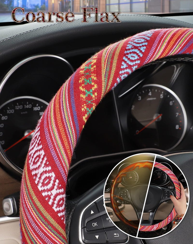 SEG Direct Boho Steering Wheel Cover with Baja Blanket Cloth  Ethnic Style Auto Wheel Cover Made of Coarse Flax  Fits 14 1/2-15 1/4 inches Car Wheel - Image 4